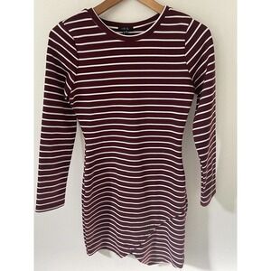 Iris Ponte Knit Shirt Dress Maroon White Stripe Long Sleeve Asymmetric Size L